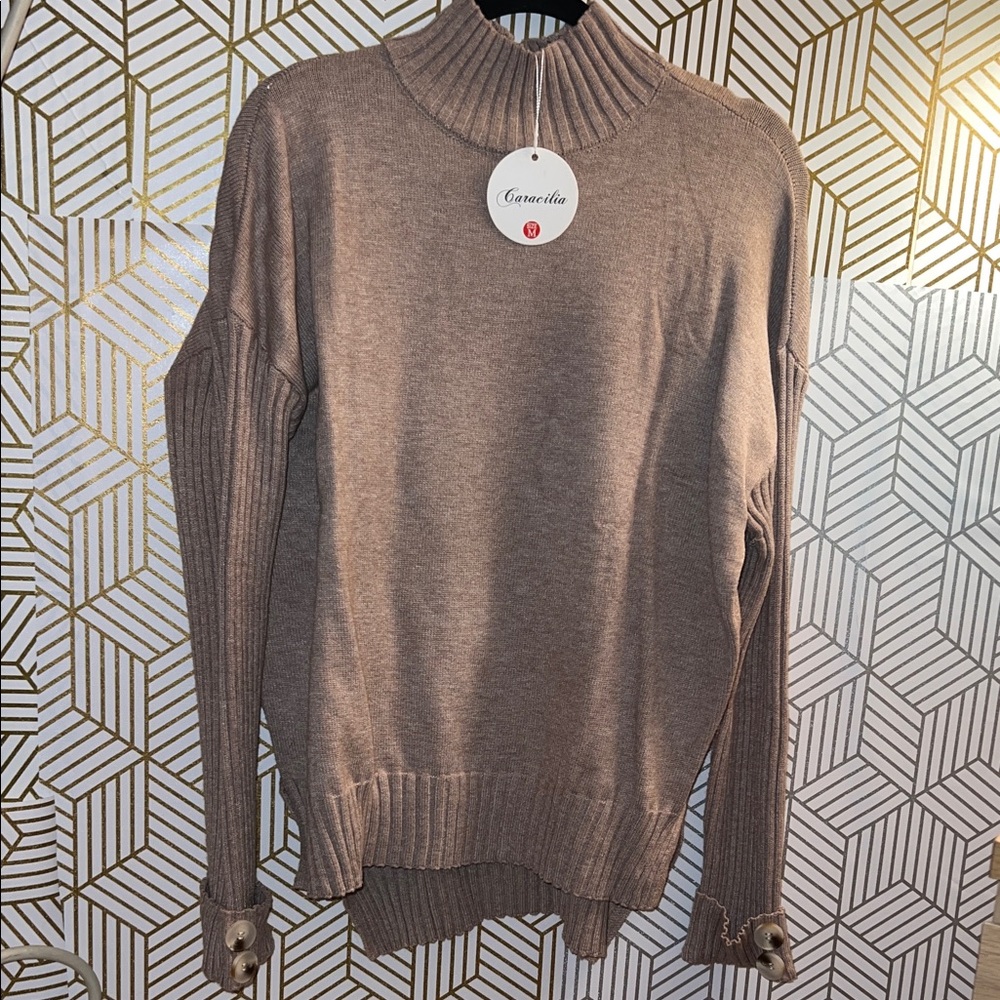 Ribbed Tan Sweater with Button Cuffs